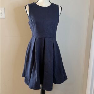 Jessy B Navy blue feminine midi dress cross back straps pleated swing skirt SZ M